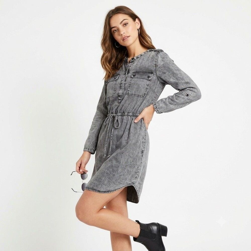 Cato Women’s Acid Wash Gray Denim Utility Shirtdress Long Sleeve Drawstring S